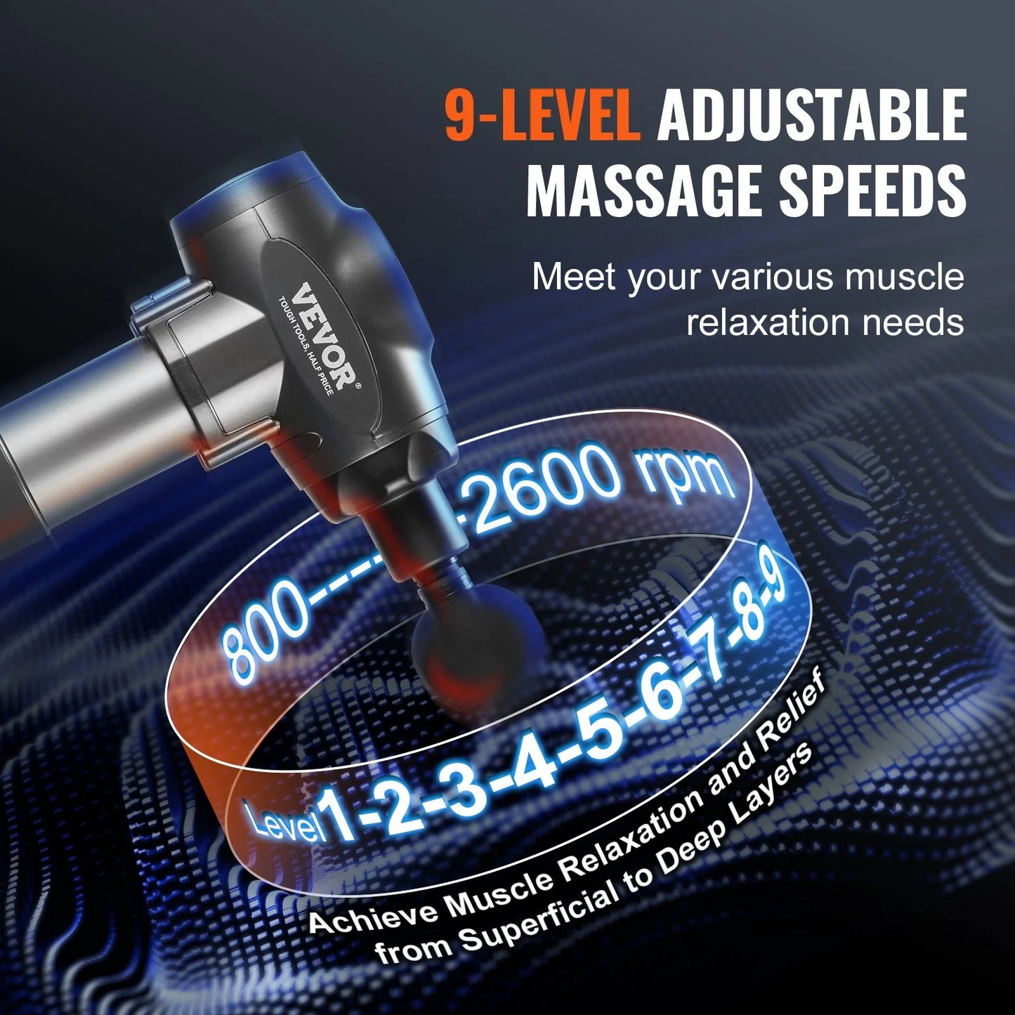 Deep Tissue Massage Gun with 9 Speed Levels & 6 Massage Heads