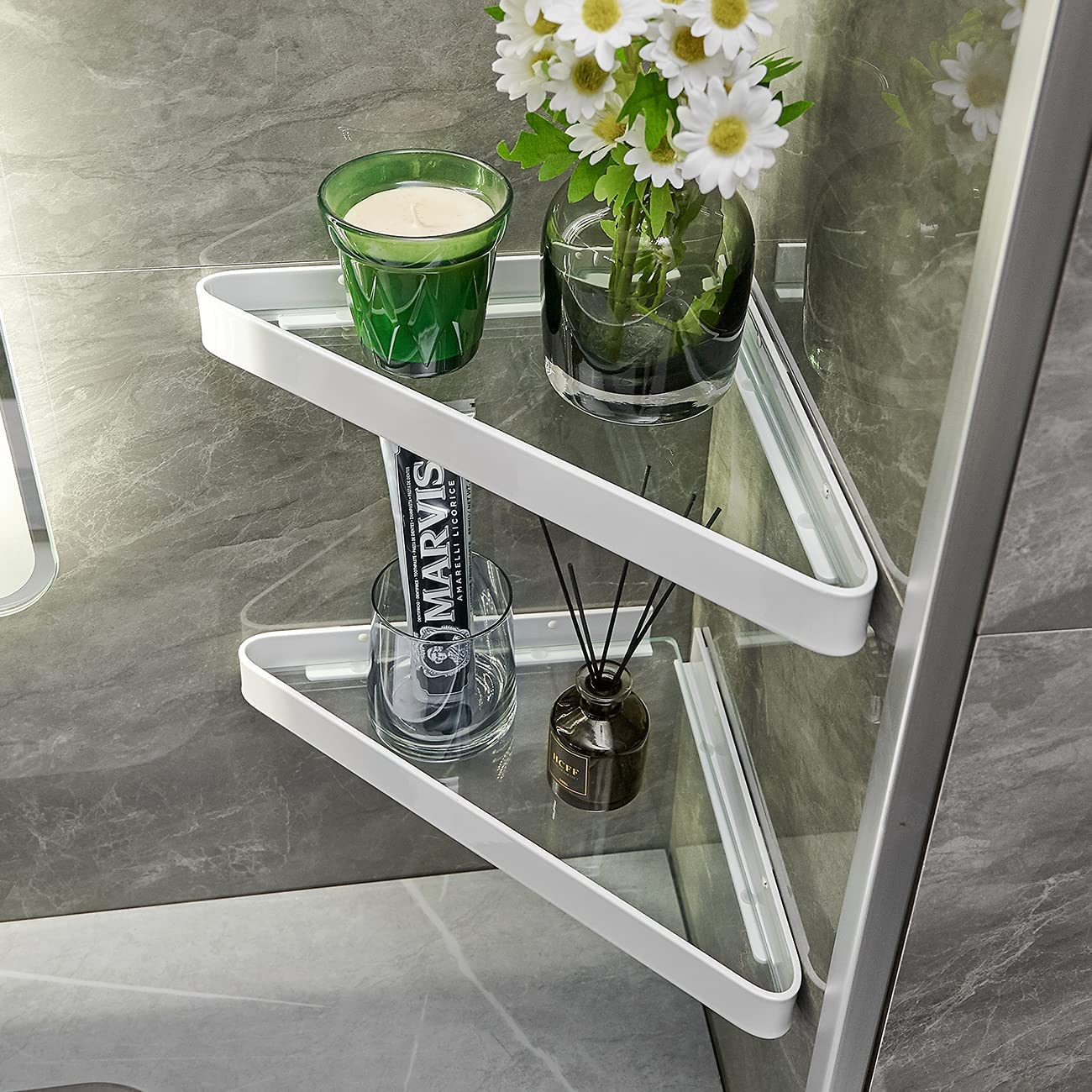 Bathroom Shelves Wall Mounted Glass Corner for Bathroom 2-Tier (White）