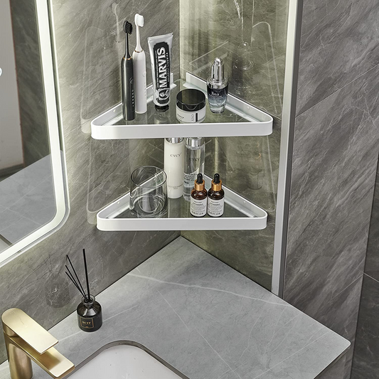 Bathroom Shelves Wall Mounted Glass Corner for Bathroom 2-Tier (White）