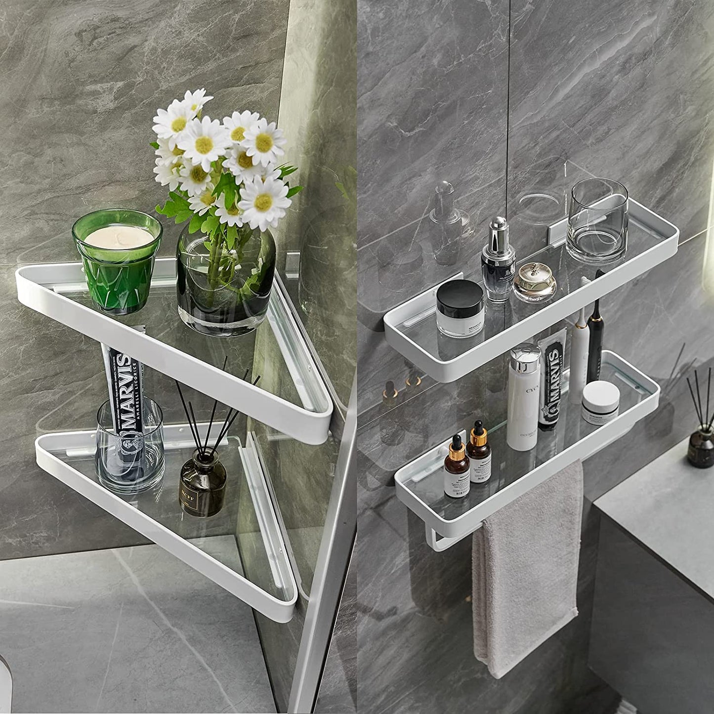 Bathroom Shelves Wall Mounted Glass Corner for Bathroom 2-Tier (White）